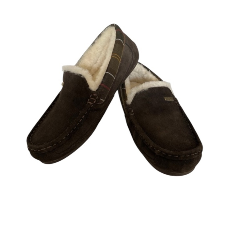 BARBOUR MONTY BROWN SUEDE SHEARLING SLIPPERS SIZE M7‎ W9